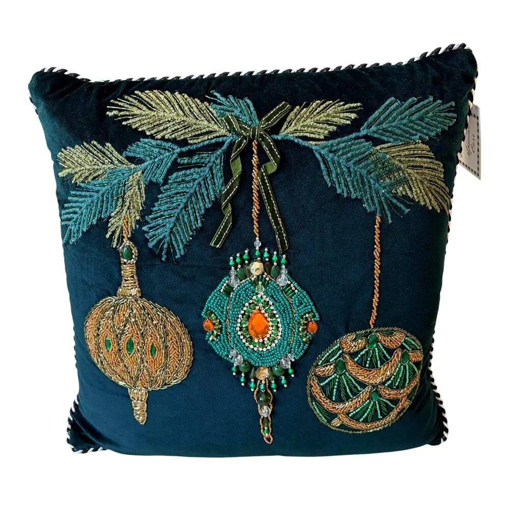 NEW MacKenzie-Childs Emerald Ornaments Beaded Throw Pillow 18x18
